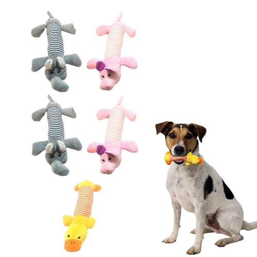 Hydrodogz 5 Pack Squeaky Plush Puppy Dog Chew Toy Assortment Animal Bundle Elephant, Pig, Duck, Cute Interactive Teething Toys for All Breeds and Sizes