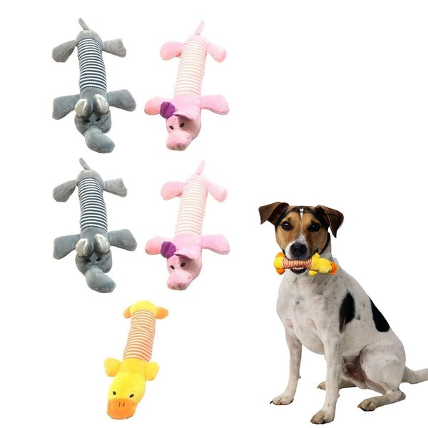 Hydrodogz 5 Pack Squeaky Plush Puppy Dog Chew Toy Assortment Animal Bundle Elephant, Pig, Duck, Cute Interactive Teething Toys for All Breeds and Sizes