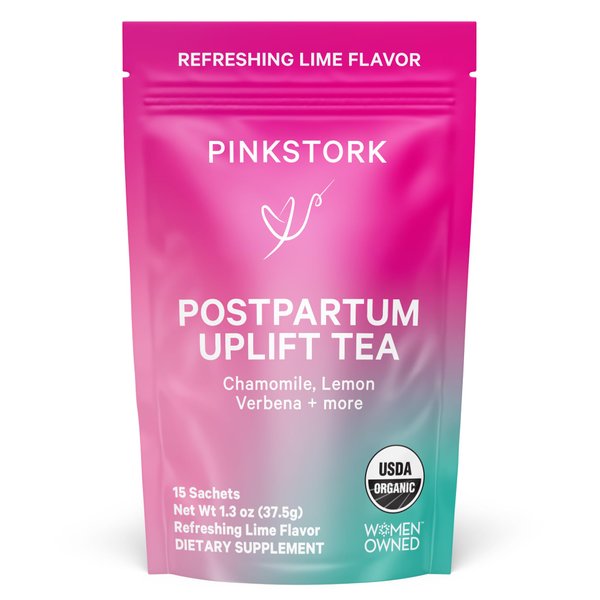 Pink Stork Postpartum Uplift Mood Support Tea: Hormone Balance for Women After Pregnancy, Chamomile Tea with Red Raspberry Leaf for Postpartum Recovery - Caffeine-Free, Hot or Iced, 15 Sachets