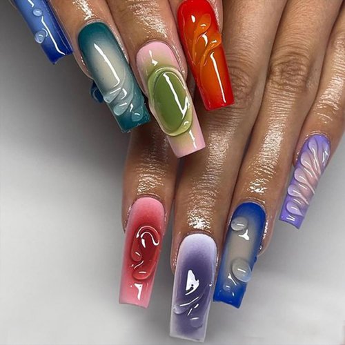 24 Pcs Long Press on Nails Coffin Shape 3D Fake Nails with Glue Acrylic Nails Colorful Ballerina Nails Press ons Full Cover False Nails & Accessories Glossy Glue on Nails for Women Girls Nail Supplies
