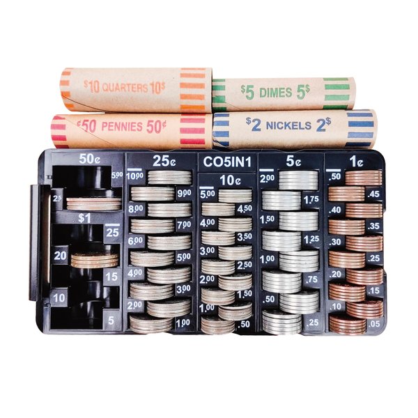 CO5IN1 Mini Coin Sorting Tray with Lid, 2pcs Change Counter for All Coins, Accurate & Easy to Wrap, Change Sorter Machine Coin Organizer Coin Holder for Bank Teller at Bank, Business, Home & Office