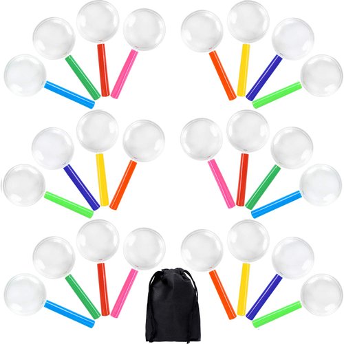 Elcoho 24 Pack Magnifying Glasses for Young People Plastic Colorful Magnifying Glasses for Party Favors Educational Toys with Storage Bag, 8 Colors