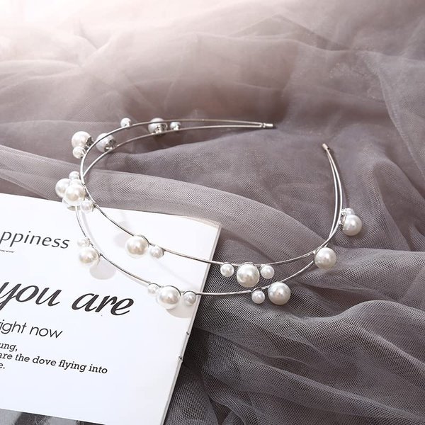 E EMZHOLE Double Layer Pearl Beaded Headbands Hair Hoops Bridal Hairbands Wedding Hair Accessories Fashion Elegant Pearl Headbands for Women Girls (Silver)