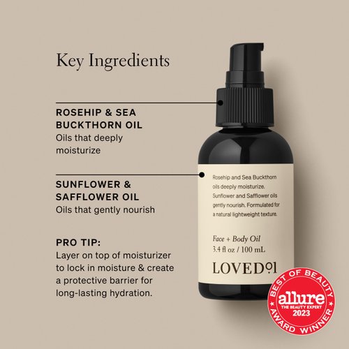 Loved01 Face & Body Oil, Daily Deep Hydration, Formulated with Rosehip and Sea Buckthorn Oils, 2-Pack (3.4 oz each)