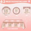 62Pcs 18th Birthday Decorations for Girls Her, Rose Gold Birthday Party Supplies Include 40Plates 20Napkins and 2Piece Tablecloth, Rose Gold Princess Party Tableware for 20 Guests