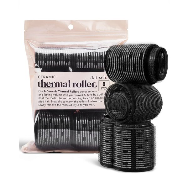 Kitsch Ceramic Thermal Hair Rollers - 8pcs Black (Rod, 1.5/2/2.25-inch, Ceramic, Self Grip, Hair Roller, For Long Hair, Volume, Assorted Size, Pack of 8)