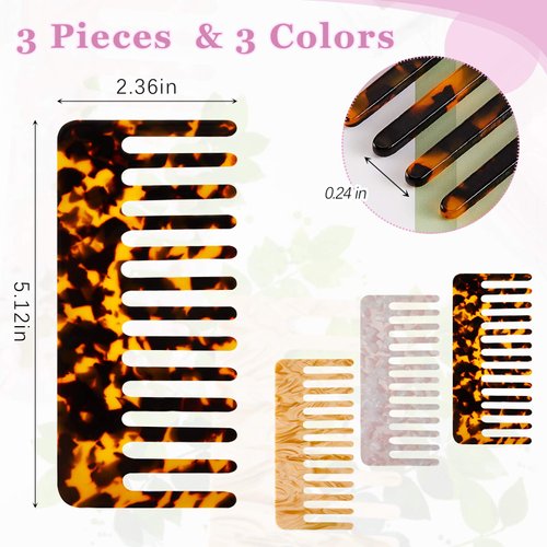 3 Pieces Tortoise Wide Tooth Comb Hair Detangling Comb Celluloid Acetate Comb French Hair Comb Wide Teeth Pocket Comb Detangler Comb Styling Comb for Long and Short, Thick Curly and Straight Hair