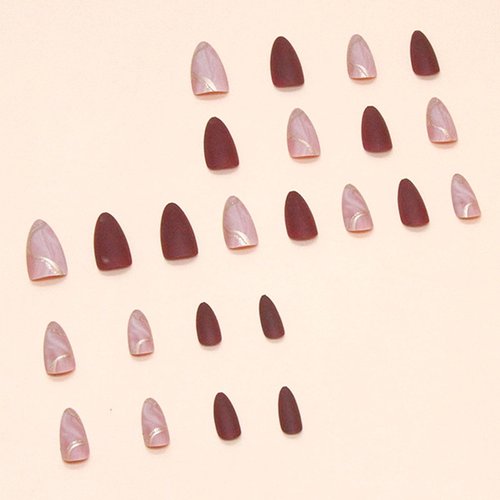 Medium Press on Nails Almond Fake Nails Burgundy Matte Full Cover Glue on Nails Golden Curve Glitter Design Acrylic Nails Press ons Glossy Artificial False Nails for Girls 24Pcs