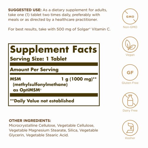 Solgar MSM 1000 mg - 120 Tablets, Pack of 2 - Supports Joints & Connective Tissue - Non-GMO, Vegan, Gluten Free, Dairy Free, Kosher - 240 Total Servings