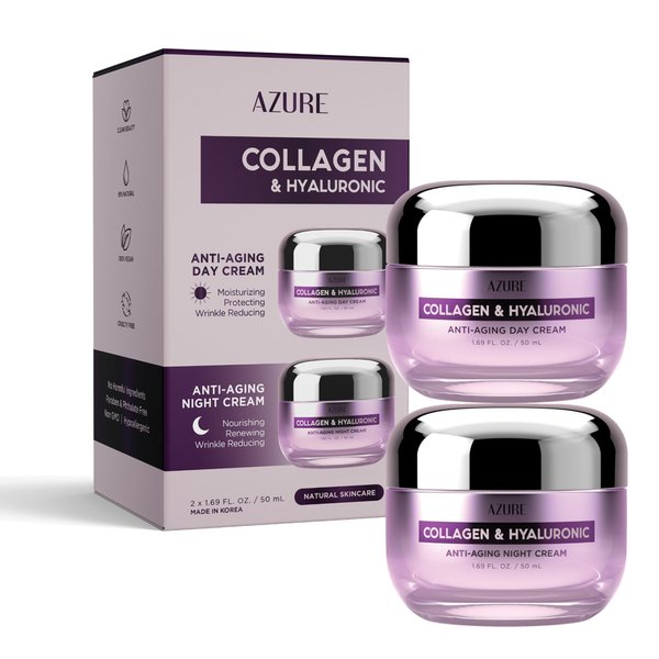 AZURE Hyaluronic Acid & Collagen Day/Night Cream Value Set - Renewing, Toning & Hydrating Face Moisturizer - Reduces Wrinkles, Fine Lines - Vegan Skin Care Made in Korea - 2x 50mL / 1.69 Fl Oz