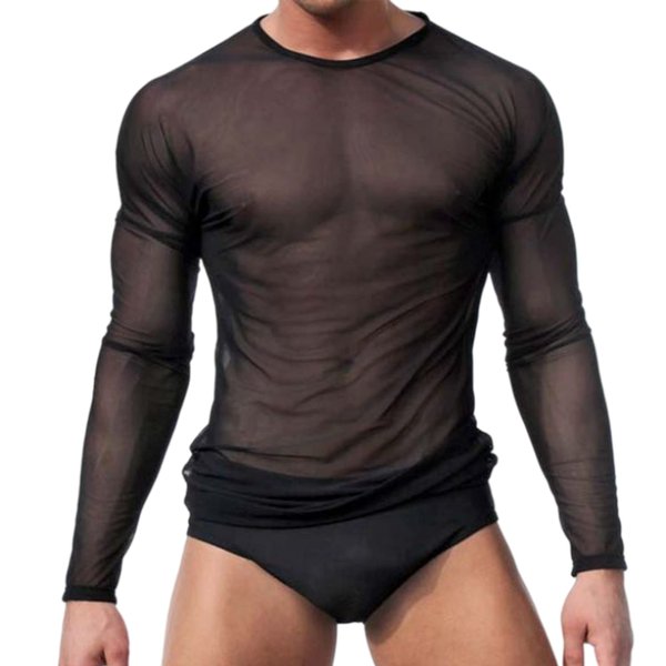 Crongless Men's Sexy Tank Top, Mesh Long Sleeves Transparent T-Shirt See Through Vest (Black, L=Usually M)
