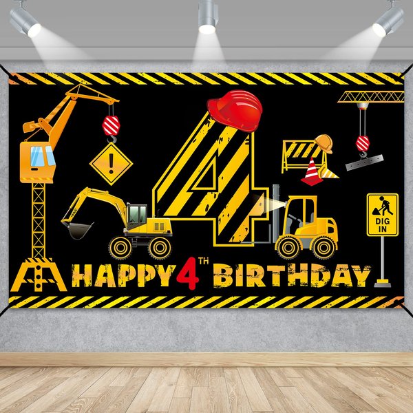 Construction 4th Birthday Banner Decorations for Boys Kids, Dump Truck Construction Theme Four Birthday Party Supplies, Excavator Crane Digger Four Year Old Banner Sign