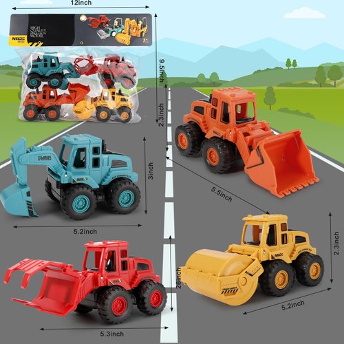 Extrapins 4Pcs Friction Powered Construction Truck Toys Vehicles,Construction Toy Set, Push and Go Construction Sand Truck Toys,Truck Toys for Kids Boys Girls