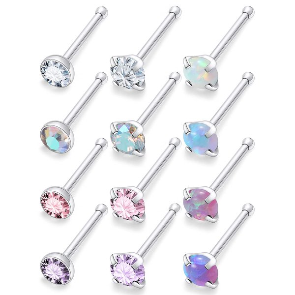 Uzgtvy 18G Nose Rings Studs Piercing Jewelry for Women Stainless Surgical Steel Silver Opal Straight Hypoallergenic sensitive Nose Nostril Ring Pin Bone Bar Stud Earrings Piercing Jewelry Men 2mm 7mm