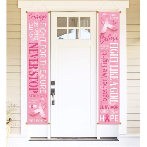 M1ntP1us Breast Cancer Awareness Banner Decorations - Pink Ribbon Porch Sign Outdoor Indoor Party Supplies Ornaments