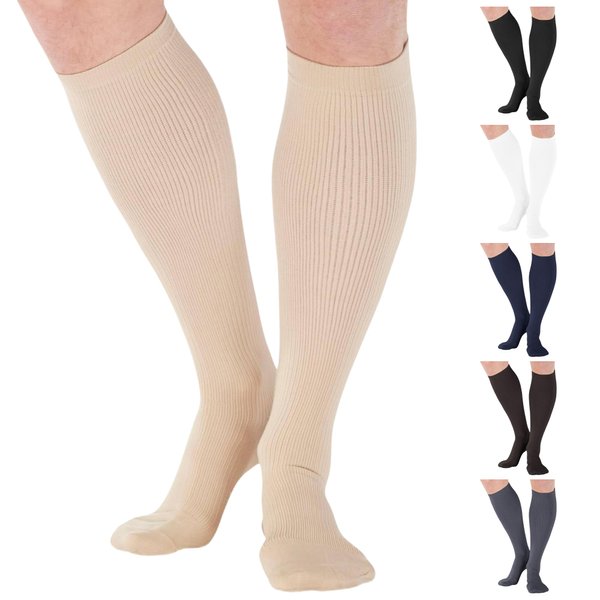 ABSOLUTE SUPPORT Made in USA - Graduated Support Opaque Compression Knee High Socks for Men 20-30mmHg | For Swelling, Lymphedema, Post Surgery - Tan, Medium, A104TN2