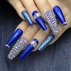 Leuhiove 24 Pcs Blue ​Press on Nail Long Bling Glam Ballerina Flash Diamond Crystal Glossy Fake Nails Coffin Nails Tips，Glitter Rhinestones Gems False Nails Glue on for Women and Girl