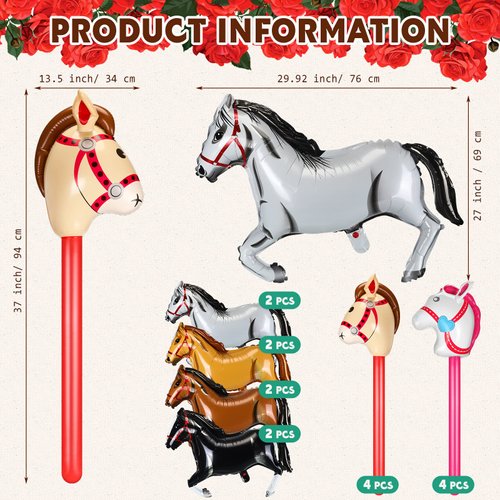 Roshtia 16 Pcs Inflatable Stick Horse and Horse Balloons for Kids Horse Racing Derby Party Supplies Cute Horsehead Stick Balloon Derby Day Party Decorations for Horse Themed Birthday Party Baby Shower