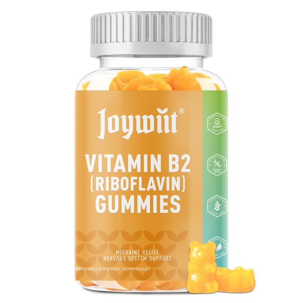 Joywiit Vitamin B2 Gummies Riboflavin 500mg for Adults, Migraine Relief & Nervous System Support, Orange Flavor, Non GMO, Vegan, Pectin - 60 Counts