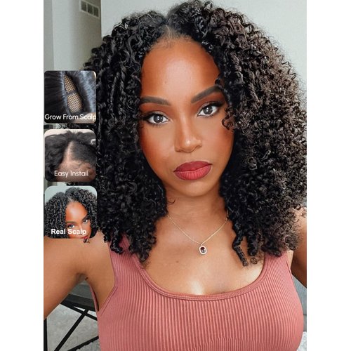 UNICE EasiContour V Part Wigs Human Hair Jerry Curly Glueless Wigs Human Hair Clip in Vpart Wig Minimal Leave Out Upgrade U Part Human Hair Wig Beginner Friendly 18 inch
