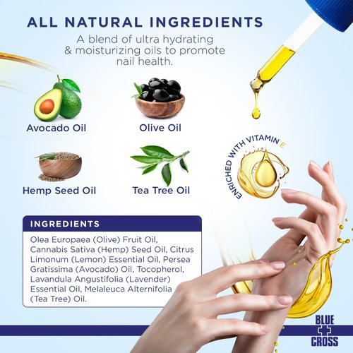 Blue Cross Professional Nail Care, All Natural Mineral Oil Free, Ultra-Nourishing, Hydrating, Moisturizing Nail & Cuticle Oil, Lemongrass + Lavender Scented Essential Oils, Made in USA, 0.5 fl oz/15mL
