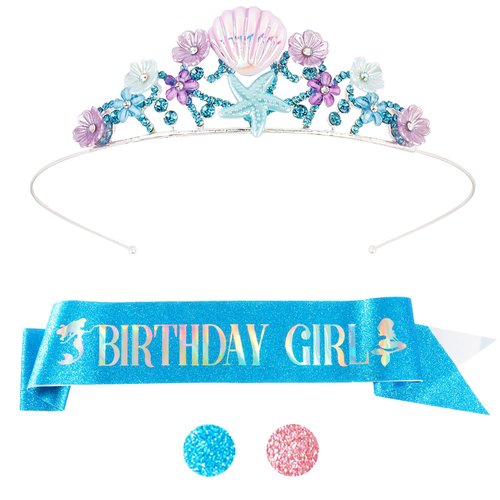 Didder Mermaid Birthday Sash and Crown Party Outfit for Girls, Mermaid Theme Birthday Party Decorations Gifts for Little Girls