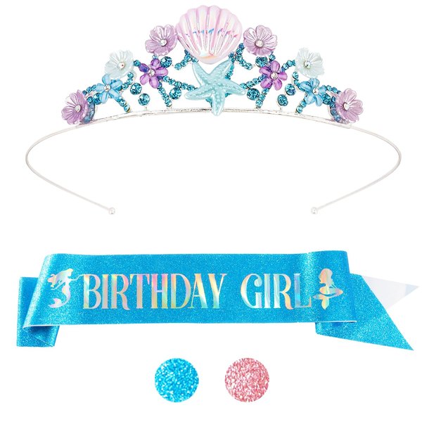 Didder Mermaid Birthday Sash and Crown Party Outfit for Girls, Mermaid Theme Birthday Party Decorations Gifts for Little Girls