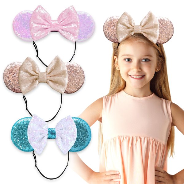 SAMARKAND Minnie Ears Headbands, 3PCS Shiny Sequin Bow - Elastic and Adjustable Headband Headache Free - Mouse Ears For Girls Glitter Minnie Ears for Women (Princess)