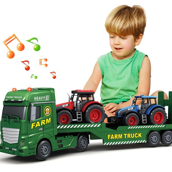 Bstoyder Toddler Boy Toys for 3 4 5 6 7 Years Kids, 25" Semi Flatbed Truck Toy with 2 Tractors, Friction Powered Vehicles Toys with Lights and Sounds, Birthday for Boy Girls