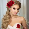 Topbuti Rose Flower Hair Clip Fabric Rose Hairpin Rose Brooch Floral Clips, 3 Pcs Mexican Hair Flowers Pin up Headpieces Flamenco Dancer Hair Accessories for Women Girls Wedding Mother's Day (Red)