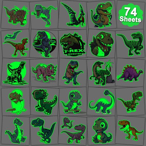 CHARLENT Glow in The Dark Dinosaur Temporary Tattoos for Kids - 74 Individually Sheets Luminous Dinosaur Tattoos for Boys Birthday Party Favors Goodie Bag Fillers