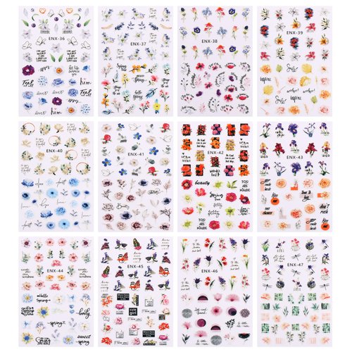 JMEOWIO 12 Sheets Flower Nail Art Stickers Decals Self-Adhesive Pegatinas Uñas Spring Summer Colorful Floral Leaves Nail Supplies Nail Art Design Decoration Accessories