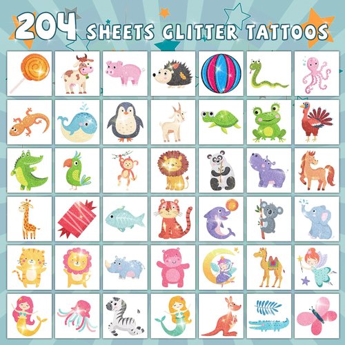 EMOME 204 Sheets Glitter Tattoos for Kids,Individually Wrapped Kids Temporary Tattoos for Girls Boys,Glitter Fake Tattoos Stickers for Party Favors Birthday Supplies