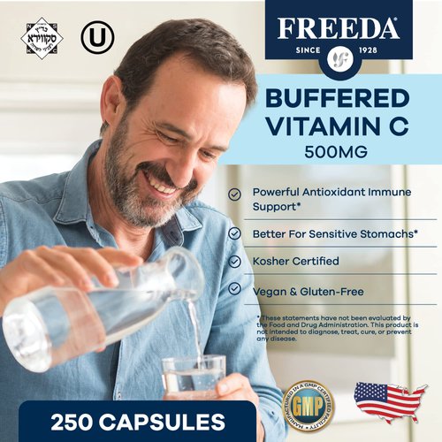 FREEDA Vitamin C - Buffered Vitamin C 500mg - Kosher - Powerful Antioxidant Immune Support - Sensitive Stomach Vitamins C Capsules Calcium Ascorbate - Vitamin C 500 mg - VIT C Supplement (250 Count)