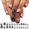 Halloween Short Square Press on Nails Skeleton Skull Acrylic False Nails Ghost Face Design Fake Nails Gel Glue on Nails Glossy Black Spider Full Cover Stick on French False Nails for Women Girls 24Pcs