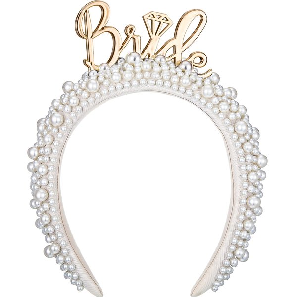 Jexine Bridal Pearl Headband White Pearl Tiara Crown Headpiece Bride Crown Bachelorette Party Decorations for Girls Wedding(Trendy)