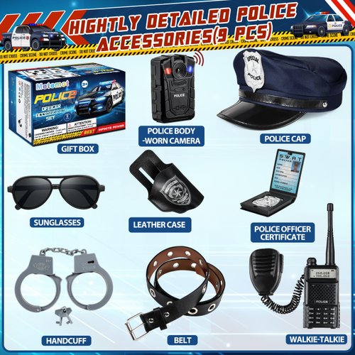 Metemot 9Pcs Police Toys, Police Costume Accessories for Kids, Cop Costume Accessories, Toy Handcuffs, Police hat, Police Officer Costumes Gear for Kids, Halloween for Kids Boys Girls
