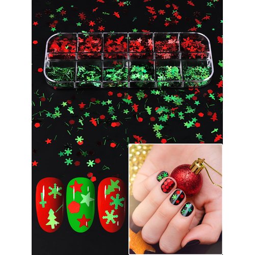 36 Grids Christmas Nail Art Sequins, EBANKU Holographic Snowflakes Santa Claus Snowman Flake Nail Glitter Sequins Colorful Sparkly Confetti Glitter for DIY Design Face Body Makeup Christmas Decoration