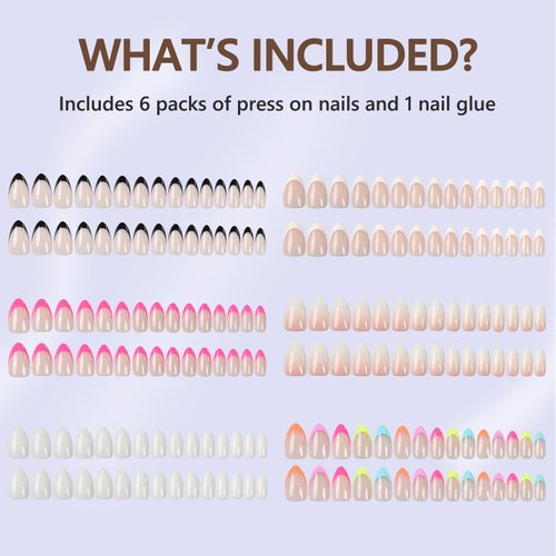 6 Packs Press On Nails Almond, Misssix French Tip Press On Nails Short, Reusable Glue On Nails, Gel Fake Nails for Women, Stick On Nails Kit 15 Sizes-6 styles in total (6in1-Nails-A)