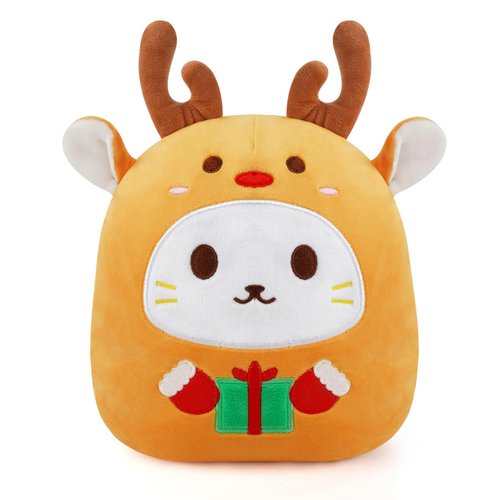 KOPHINYE Christmas Stuffed Animal Reindeer Plush, 10inch Cute Deer Cat Plush Pillow Soft Christmas Plush Toy, Christmas Stuffed Animals for Kids, Girls, Boys