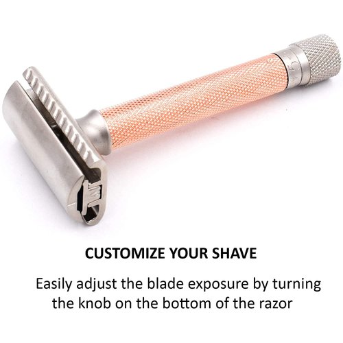 The Parker Variant Adjustable Double Edge Safety Razor, Customize Your Shave with a Turn of The Dial from Mild to Aggressive - 5 Blades Included (Rose Gold)