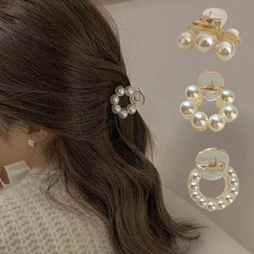 3 Pcs Pearl Hair Clips Small Hair Clips Pearl Hair Claw Clips Horsetail Clips on the Back of the Head Hair Accessories for Women and Girls Strong Hold Nonslip
