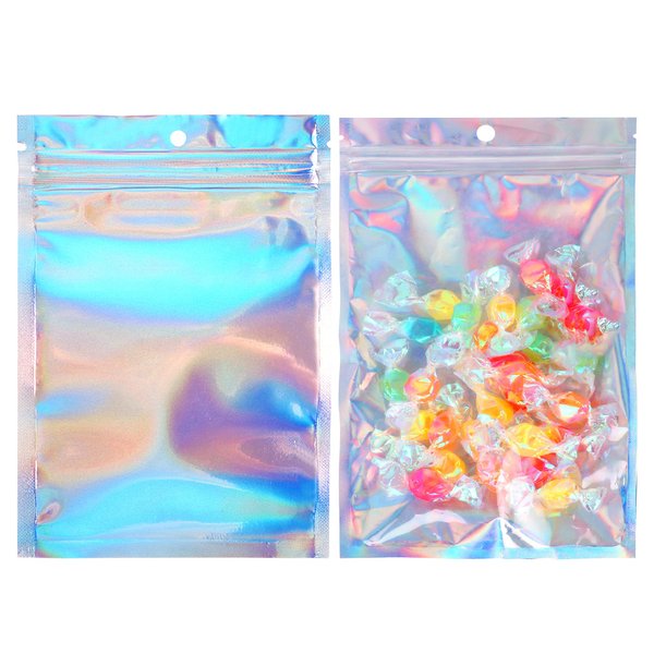 100PCS Resealable Holographic Bags, Smell Proof Bags - 5x8 Inch Sealable Mylar Sample Pouch Gift Baggies, Holographic Rainbow Foil Zipper Lock poly Bags for Jewelry, Lash, Lip Gloss, Candy Snack