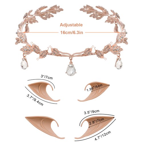 Rhinestone Leaf Wedding Tiara Crown with 2 Pairs Elf Ear, Nydotd Rhinestone Headband Headdress and Latex Fairy Pixie Ears Goblin Ears for Brides Pageants Wedding Halloween Cosplay Party Costume