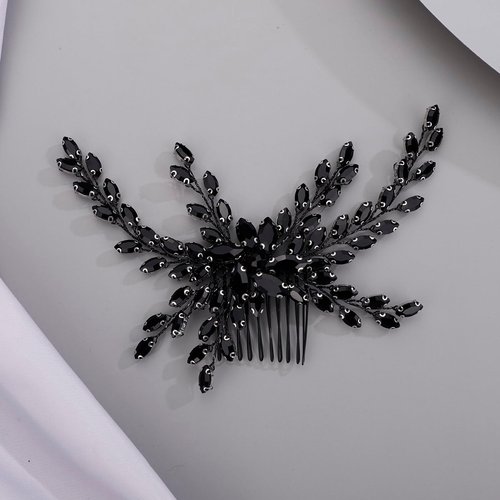 Kercisbeauty Black Rhinestones Beads Long Branch Hair Comb for Wedding Brides Women Girls Halloween Hair Pieces Jewelry Handmade Boho Hair Accessories