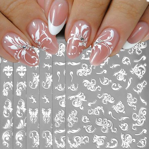 Dornail 6 Sheets 5D Embossed Lace Flower Nail Stickers,Hollowed Out White Flowers Nail Art Stickers Vintage Bohemian Totem Nail Decals for Women DIY Nail Art Supplies Nail Designs Nail Decorations