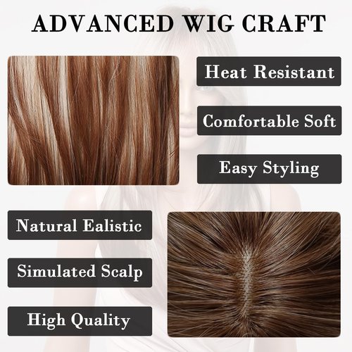 Doremiy Ombre Dark Brown Blonde Wig with Bangs Natural Medium Length Straight Wigs for Women Heat Resistant Fiber Synthetic Wigs for Daily Cosplay