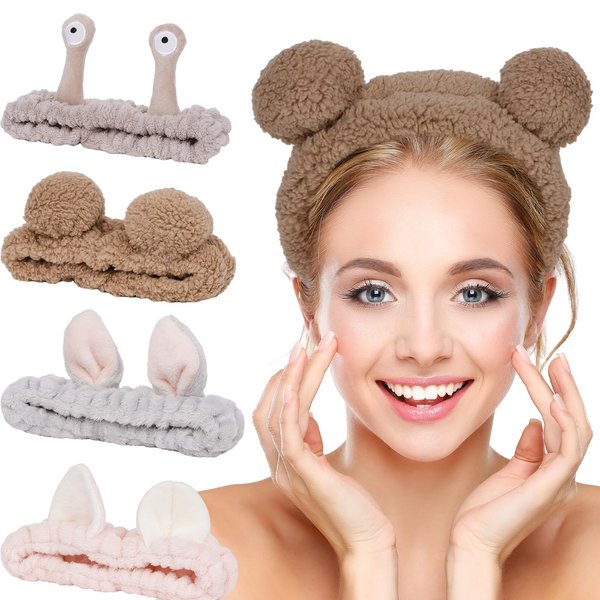 YISSION 4PCS Spa Headband cat/bear/Snail/Bunny Ears Head Band for Face Wash Makeup Skincare Facial Headband Elastic Hair Band Microfiber Headbands for Women Girls