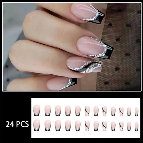 ROFIBUT French Tip Press on Nails Medium Square Fake Nails Silver Line Black Glitter Stripe Design Full Cover Glue on Nails Glossy Coffin Artificial Acrylic Nails for Women Girls DIY Manicure 24Pcs