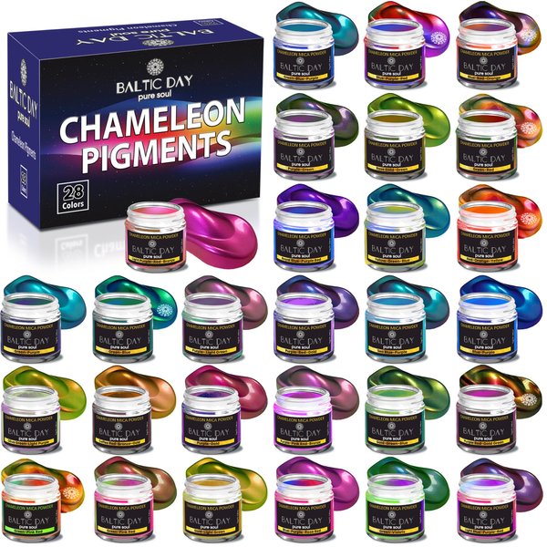 BALTIC DAY - Chameleon Mica Powder, 28 Jars of Color Shift Mica Powder Set - Epoxy Resin Color Pigment - Chameleon Powder - Holographic Mica Powder - Resin Pigment